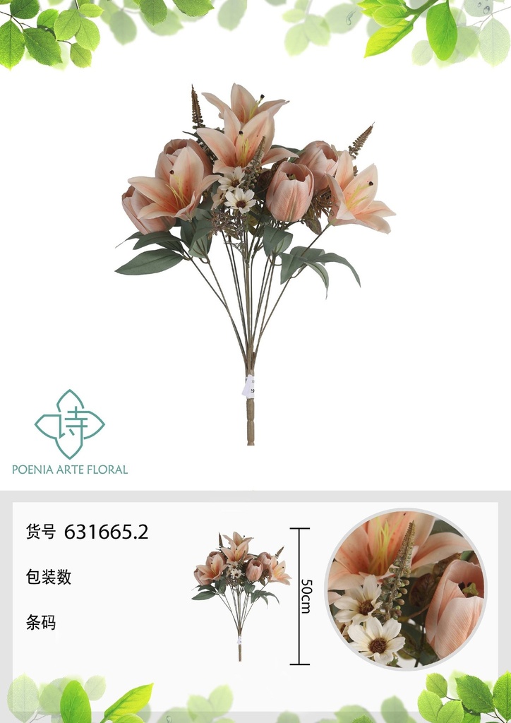 Ramo artificial de 12 cabezas de lirios de otoño y tulipanes decorativos 50 cm - Arreglos florales artificiales