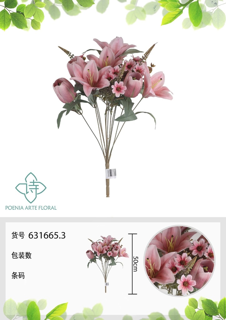 Ramo artificial de 12 cabezas de lirios de otoño y tulipanes decorativos 50 cm - Arreglos florales artificiales