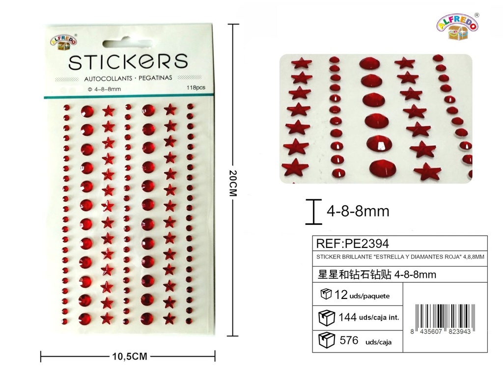Sticker brillante "estrella y diamantes rojos" 4, 8, 8 mm - 118 piezas, 10.5x20 cm - Decoraciones artesanales con brillos