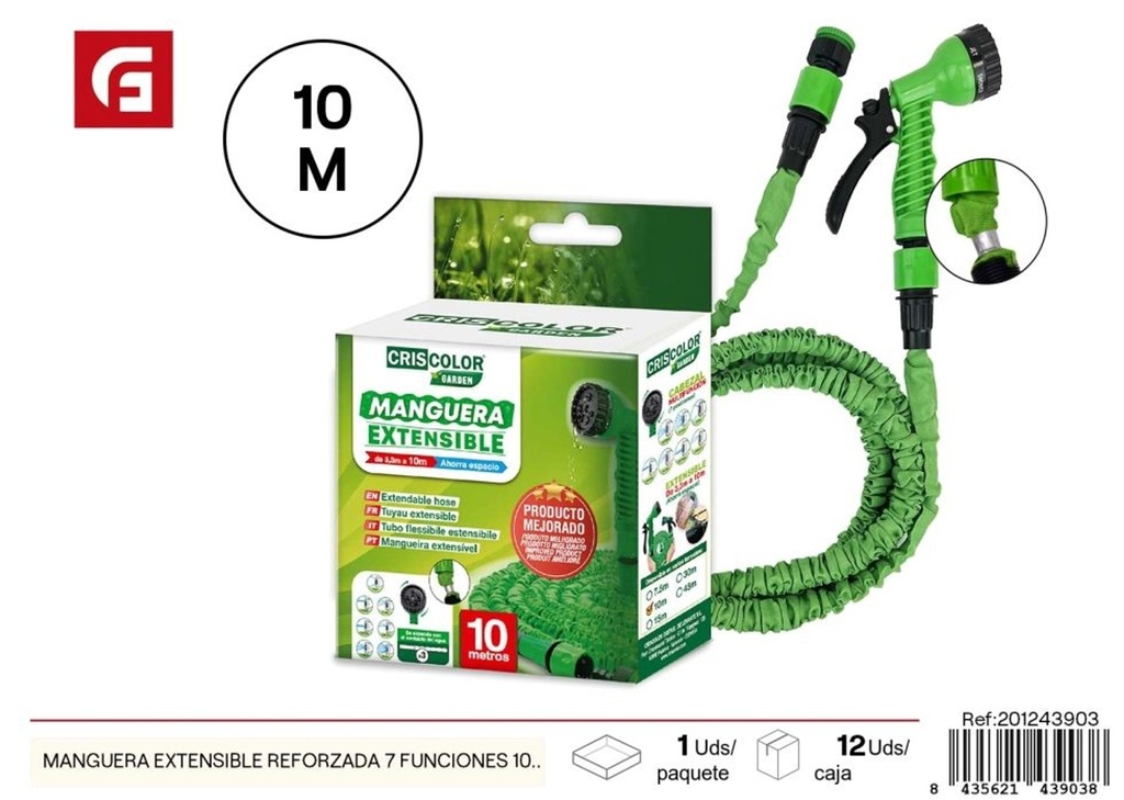 Manguera extensible reforzada de 10 metros con 7 funciones - Accesorios de jardín