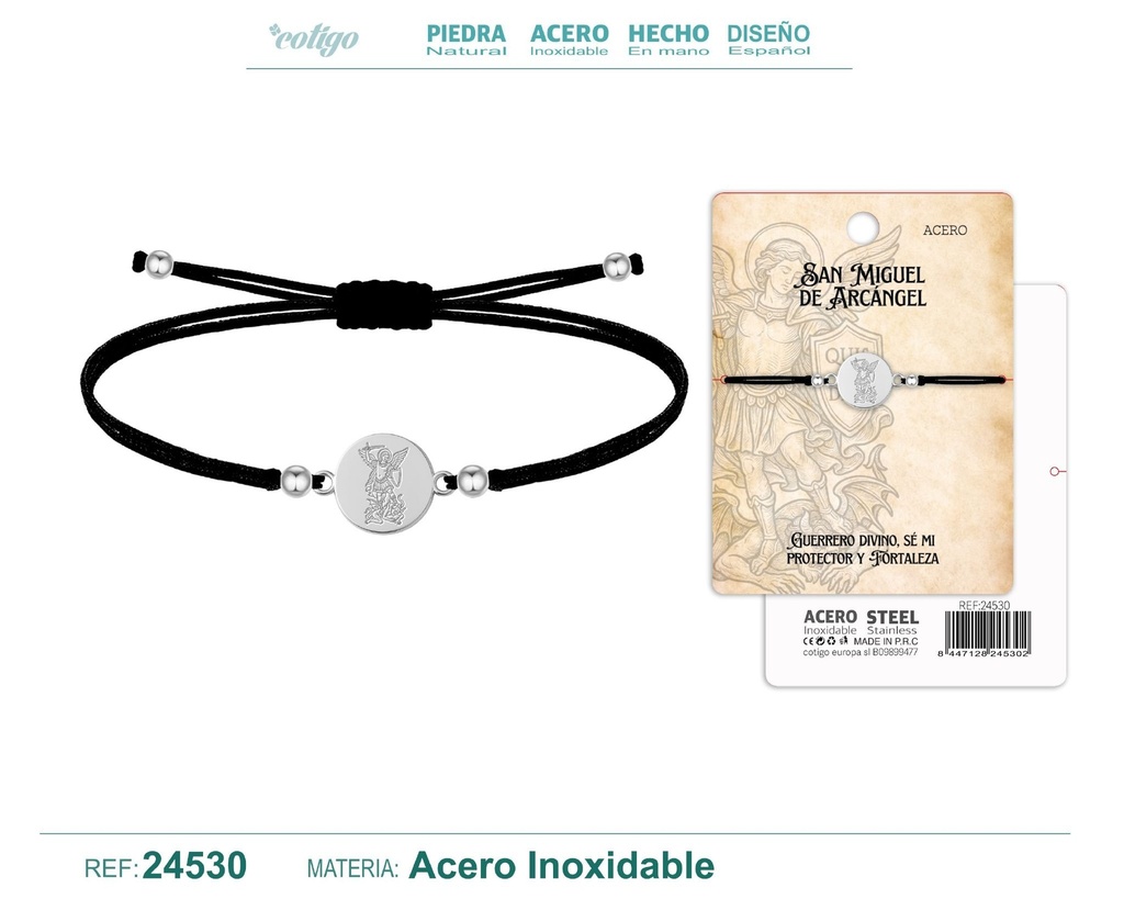 Pulsera de hilo encerado con San Miguel Arcángel de acero plateado - Joyería religiosa y de santos