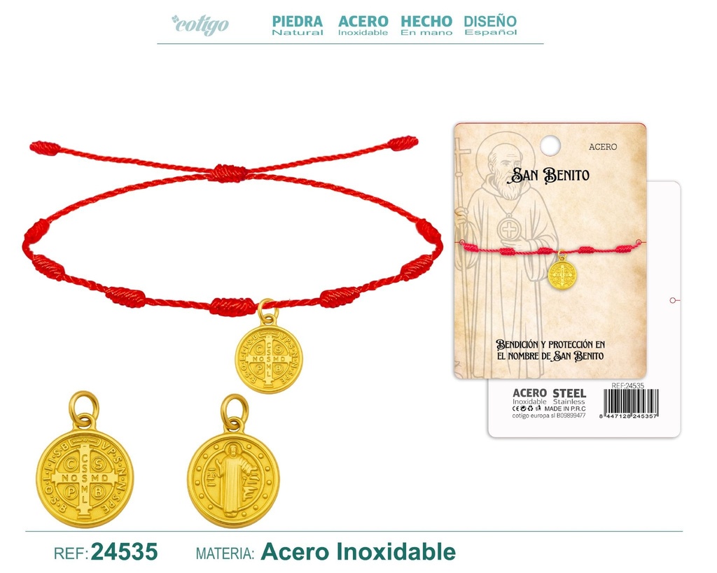 Pulsera de 7 nudos con San Benito de acero dorado - Joyería religiosa y de santos