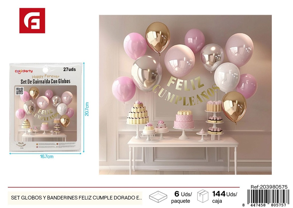 Set de globos y banderines dorados "Feliz Cumpleaños" - Decoración de fiestas y cumpleaños