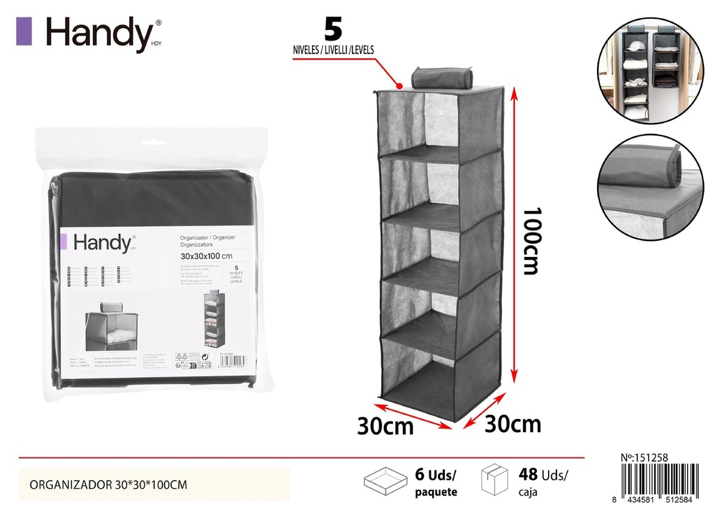 Organizador de cinco capas gris 30*30*100 cm - Soluciones de almacenamiento y organizadores