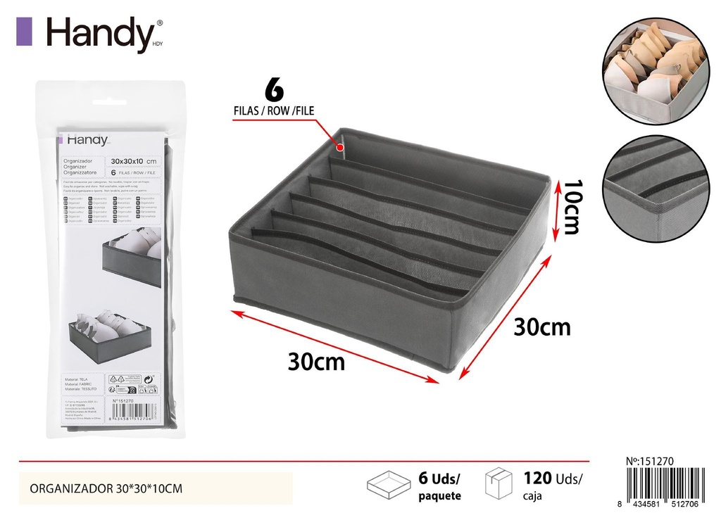Organizador sin tapa de 6 compartimentos 30*30*10 cm - Soluciones de almacenamiento y organizadores