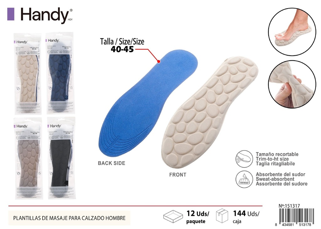 Plantillas de masaje para calzado hombre 40-46 - Accesorios para calzado masculino