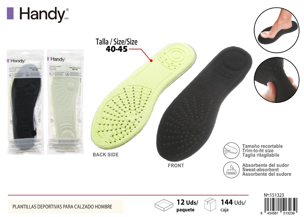Plantillas deportivas para calzado hombre PU 40-46 - Accesorios deportivos para calzado masculino