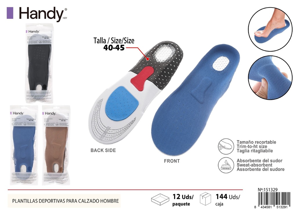Plantillas deportivas para calzado hombre EVA 40-45 - Accesorios deportivos para calzado masculino