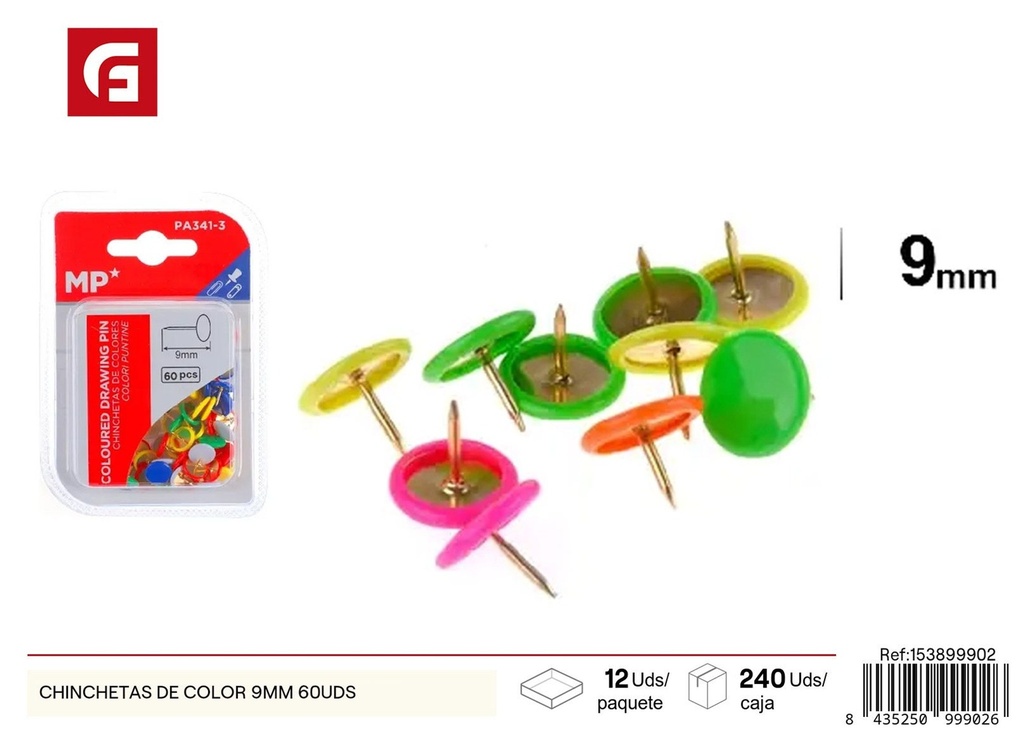Chinchetas de color 9 mm (60 unidades) - Material de oficina y papelería