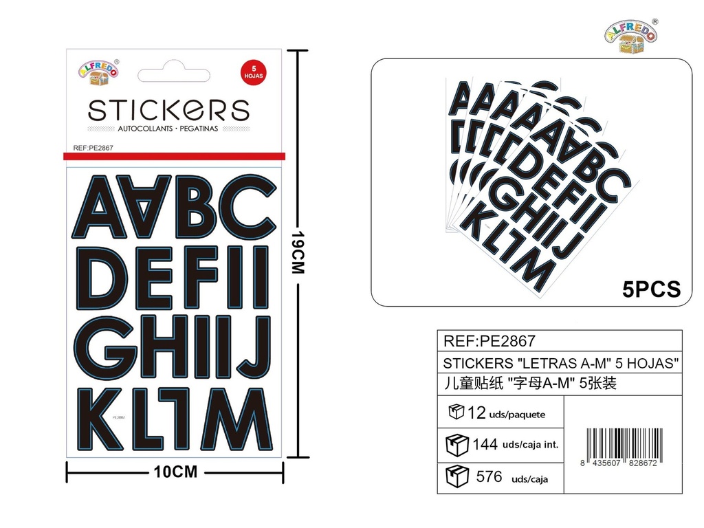 Stickers "Letras A-M" 5 hojas 10x19 cm - Juego de pegatinas decorativas