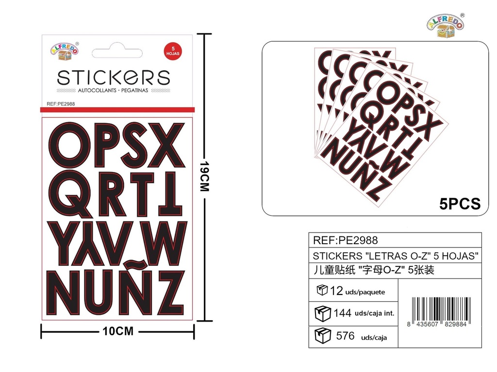 Stickers "Letras O-Z" 5 hojas 10x19 cm - Juego de pegatinas decorativas