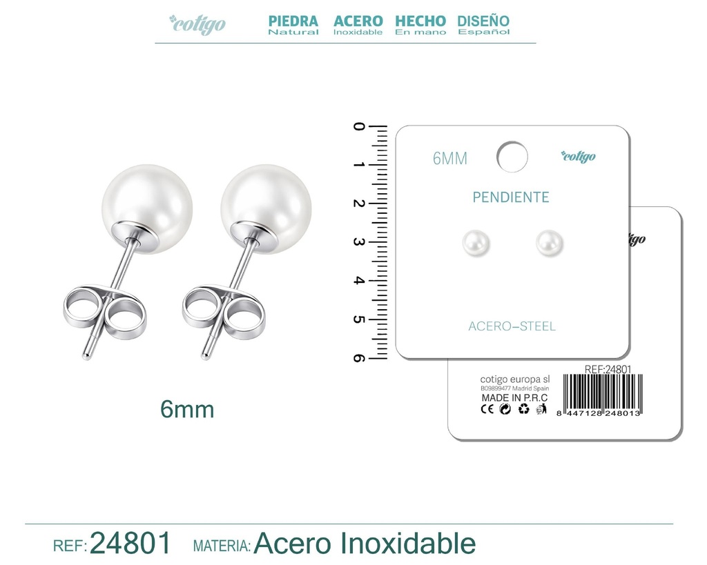 Pendiente de perla redonda de 6 mm con accesorio de acero - Joyería y accesorios