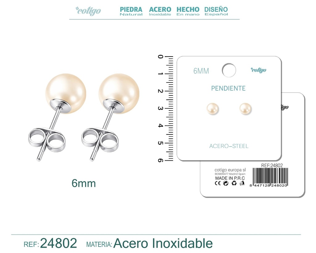 Pendiente de perla redonda de 6 mm con accesorio de acero - Joyería y accesorios