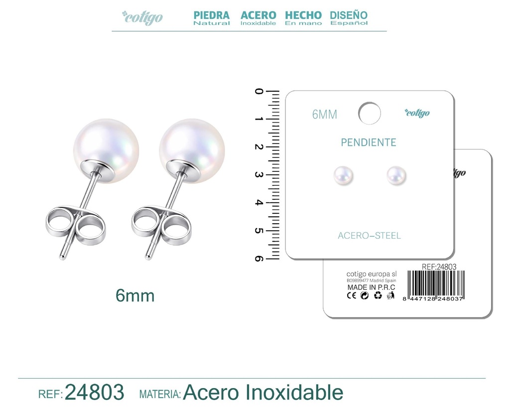 Pendiente de perla redonda de 6 mm con accesorio de acero - Joyería y accesorios