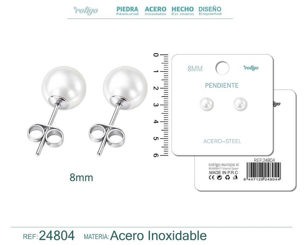 Pendiente de perla redonda de 8 mm con accesorio de acero - Joyería y accesorios