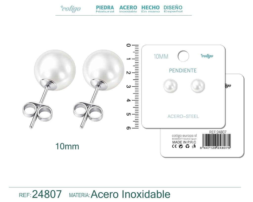 Pendiente de perla redonda de 10 mm con accesorio de acero - Joyería y accesorios