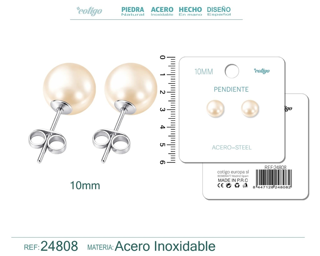 Pendiente de perla redonda de 10 mm con accesorio de acero - Joyería y accesorios