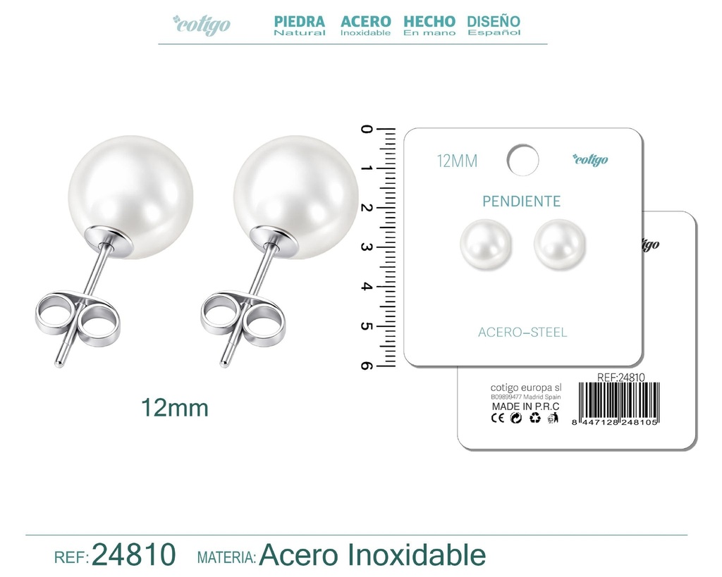 Pendiente de perla redonda de 12 mm con accesorio de acero - Joyería y accesorios