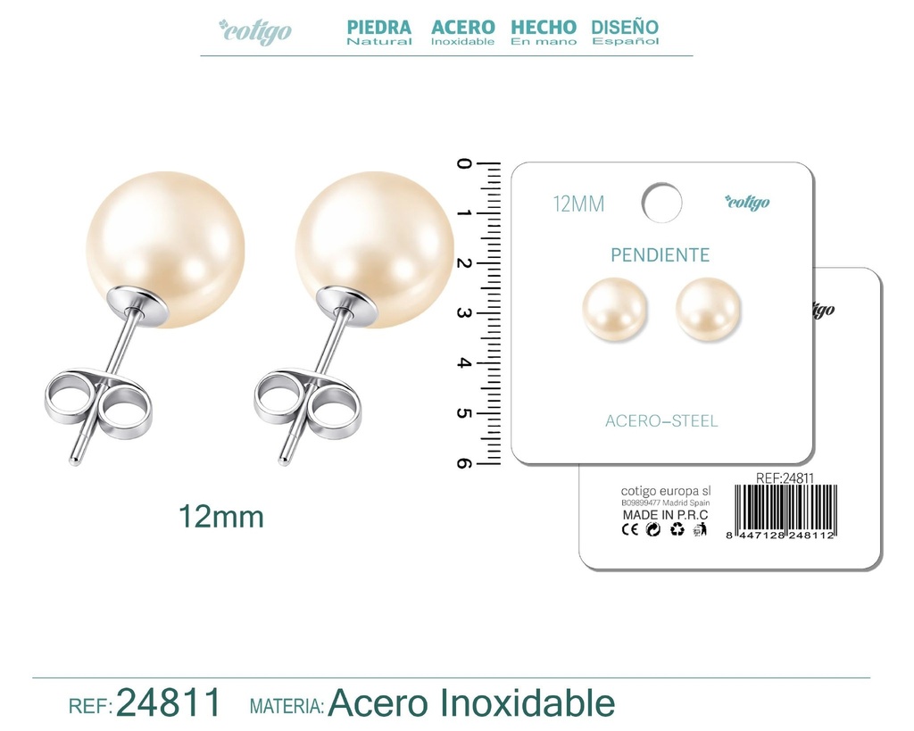 Pendiente de perla redonda de 12 mm con accesorio de acero - Joyería y accesorios