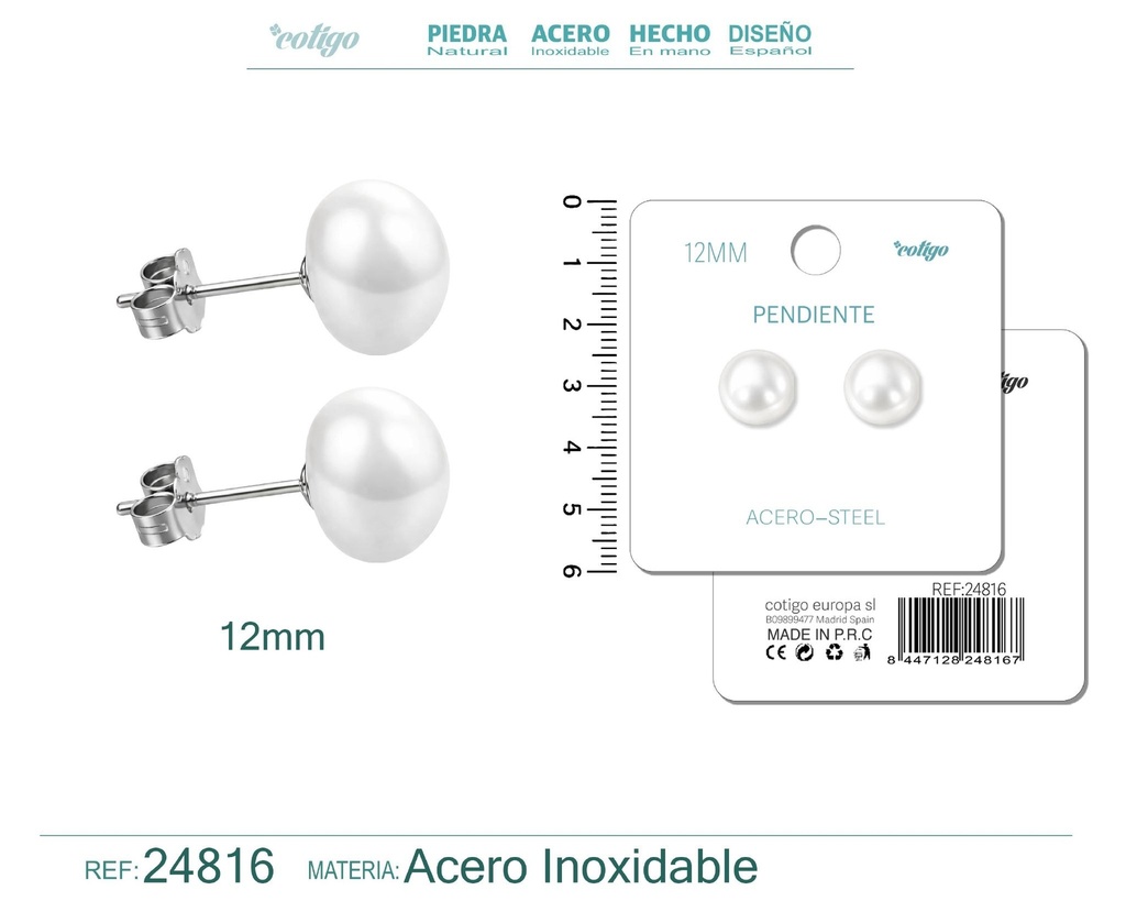 Pendiente de perla ovalada de 12 mm con accesorio de acero - Joyería y accesorios
