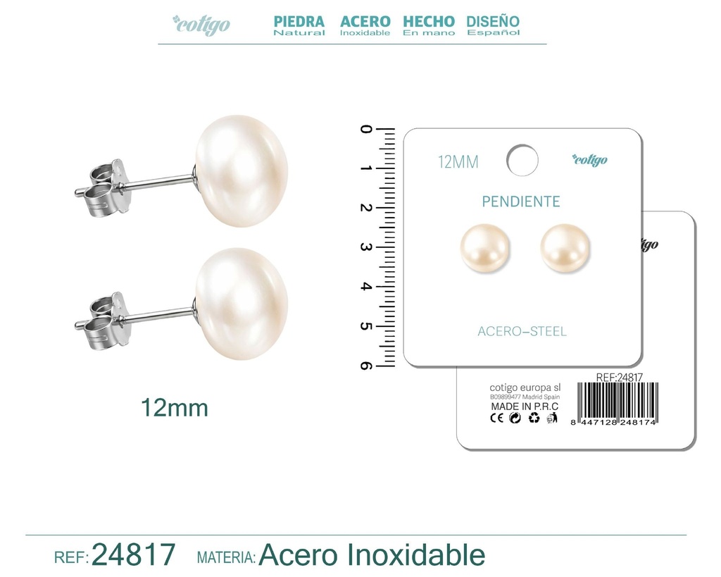 Pendiente de perla ovalada de 12 mm con accesorio de acero - Joyería y accesorios
