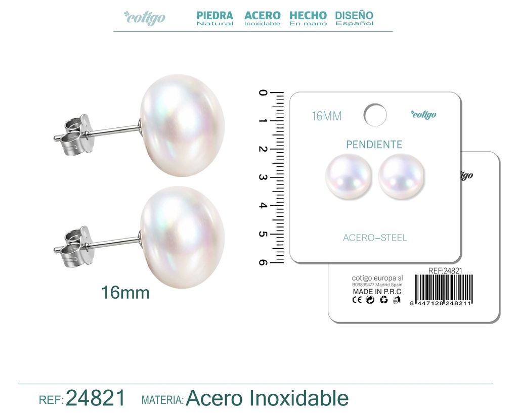Pendiente de perla ovalada de 16 mm con accesorio de acero - Joyería y accesorios