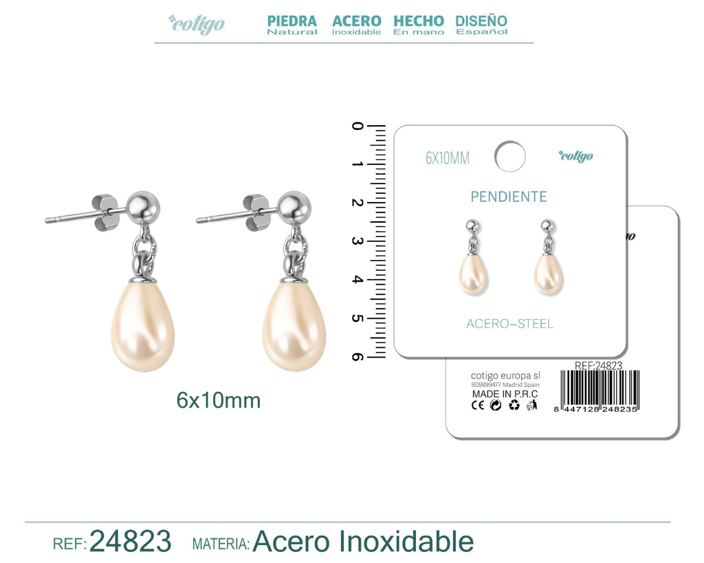 Pendiente de perla gotita de 6x10 mm con accesorio de acero - Joyería y accesorios