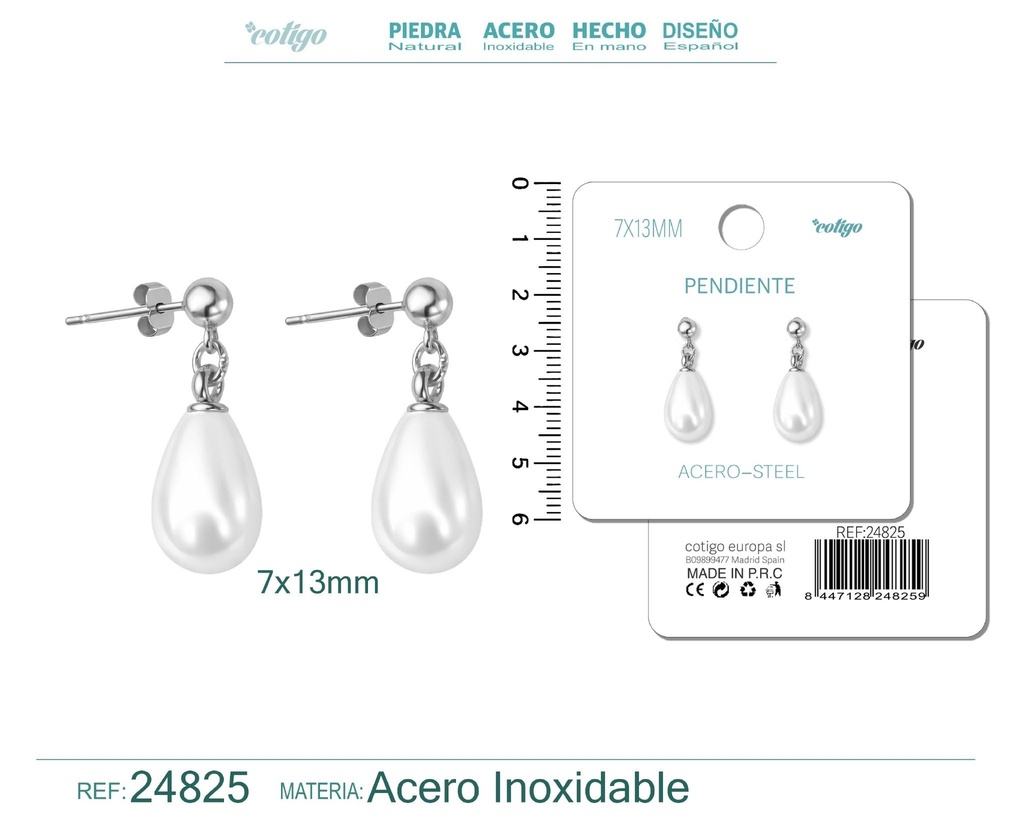 Pendiente de perla gotita de 7x13 mm con accesorio de acero - Joyería y accesorios
