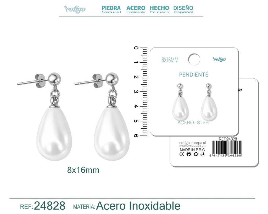 Pendiente de perla gotita de 8x16 mm con accesorio de acero - Joyería y accesorios