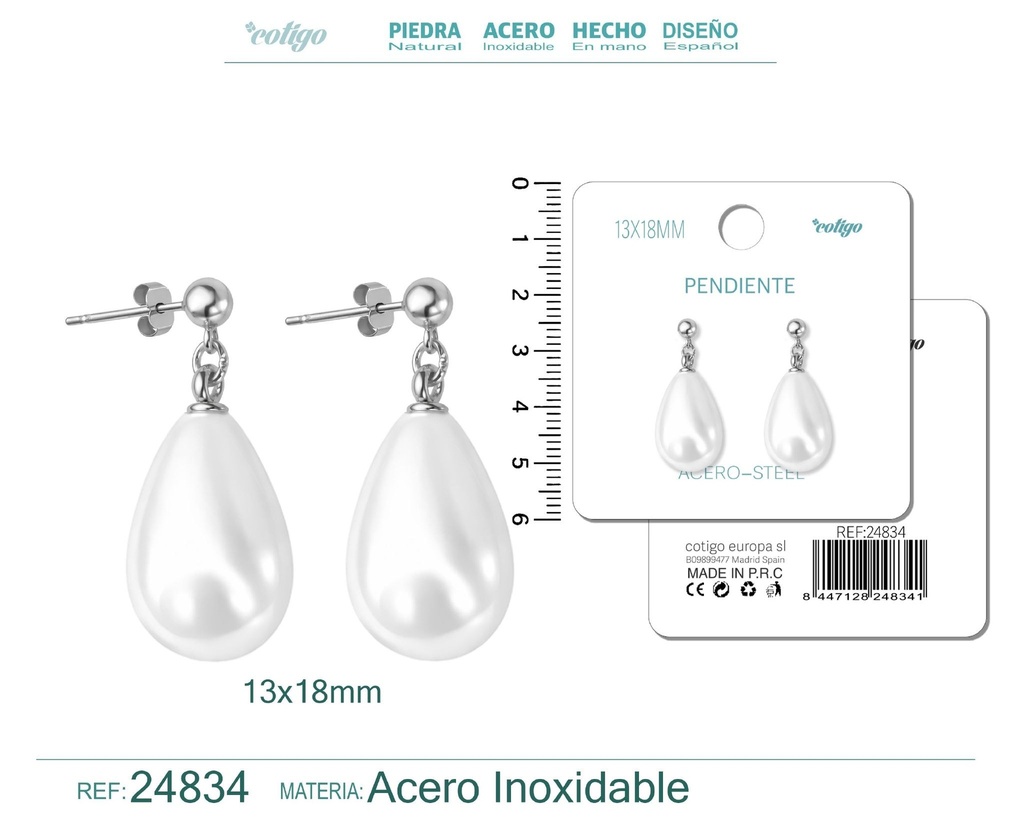 Pendiente de perla gotita de 13x18 mm con accesorio de acero - Joyería y accesorios