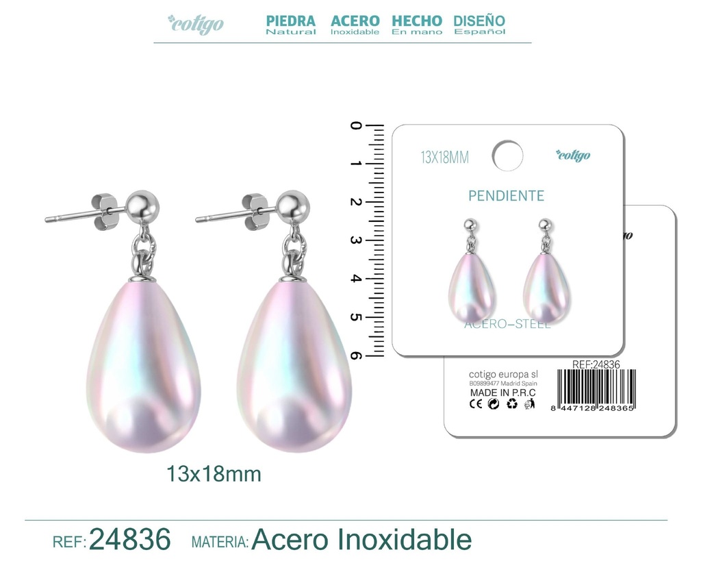 Pendiente de perla gotita de 13x18 mm con accesorio de acero - Joyería y accesorios