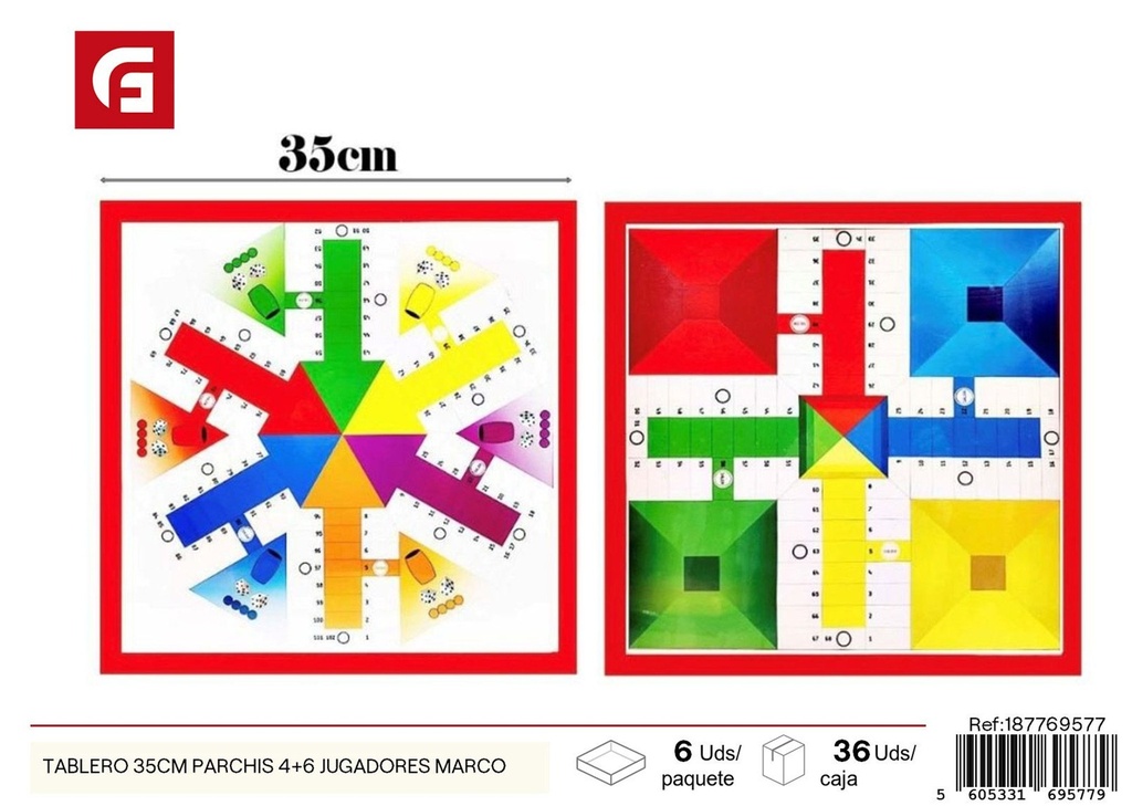 Tablero de 35cm Parchís 4+6 jugadores con marco - Juguetes y juegos de mesa