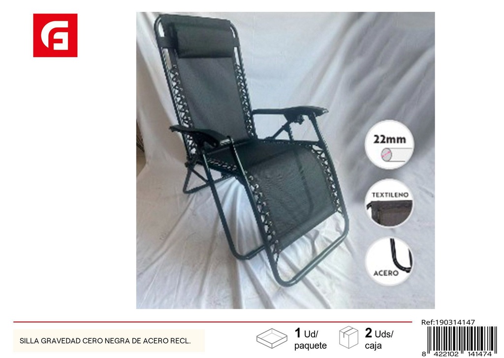 Silla gravedad cero negra de acero reclinable 22 mm - Muebles de verano y tumbonas
