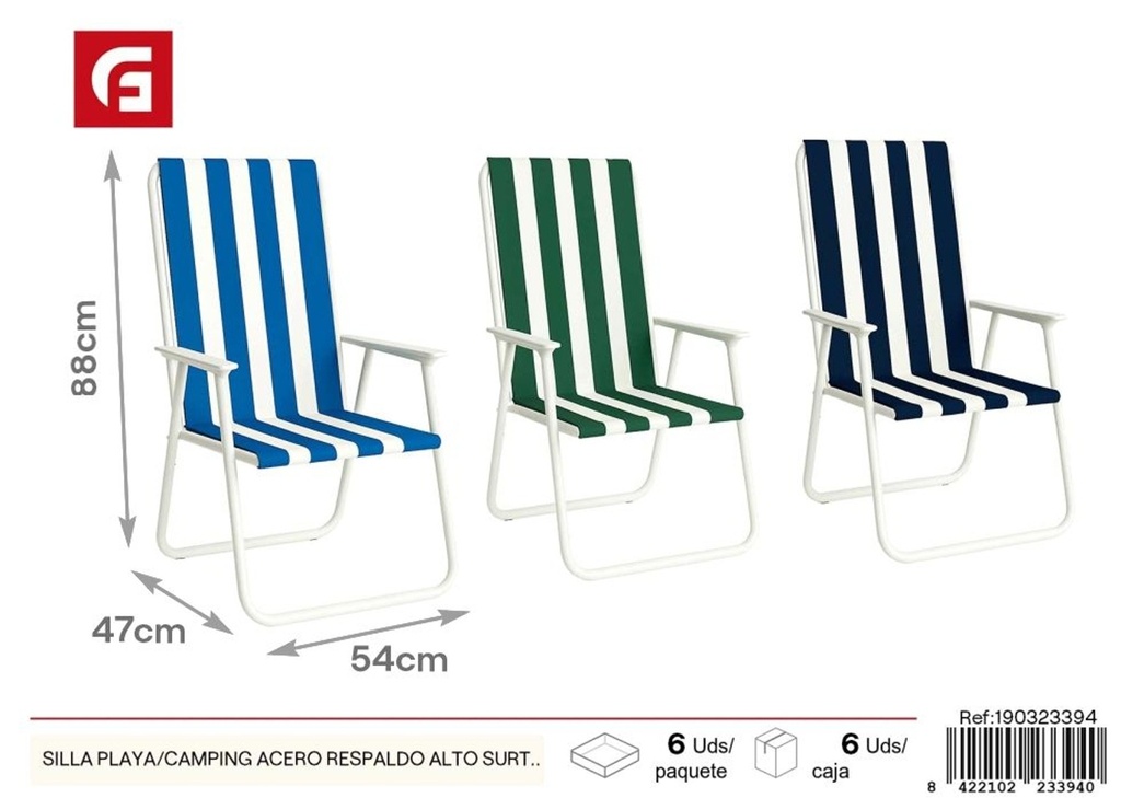 Silla de playa/camping de acero con respaldo alto a rayas - Sillas para disfrutar al aire libre