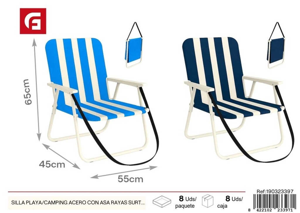 Silla de playa/camping de acero a rayas con asa - Sillas de descanso para verano
