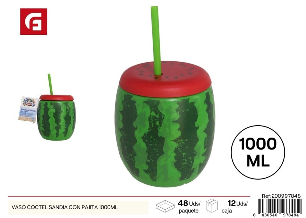 Vaso de cóctel con pajita de sandía 1000 ml - Utensilios de cocina y productos de verano