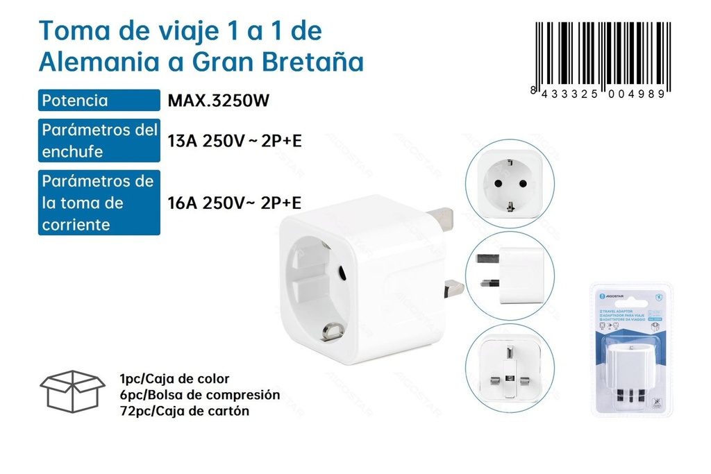 Toma de viaje 1 a 1 de Alemania a Gran Bretaña - Adaptadores de enchufe para viajeros