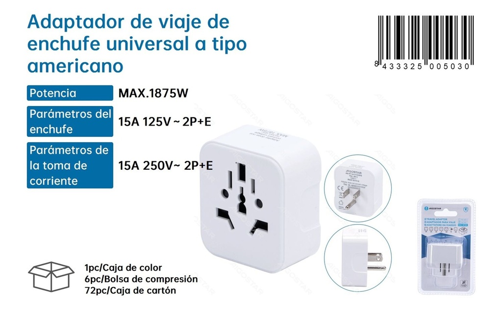 Adaptador de viaje de enchufe universal a tipo americano - Adaptadores de enchufe para viajeros