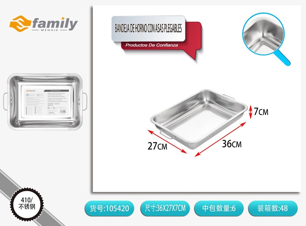Bandeja de horno de acero inoxidable de forma cuadrada con asas plegables 36*27*7 cm - Bandejas para hornear