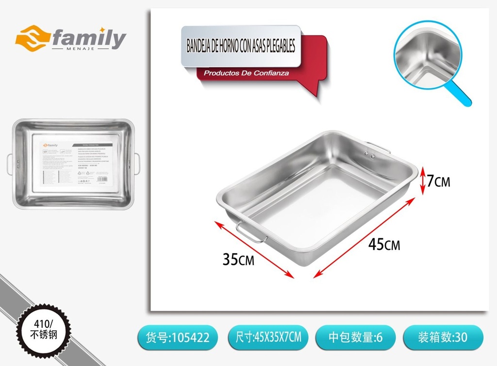 Bandeja de horno de acero inoxidable de forma cuadrada con asas plegables 45*35*7 cm - Bandejas para hornear
