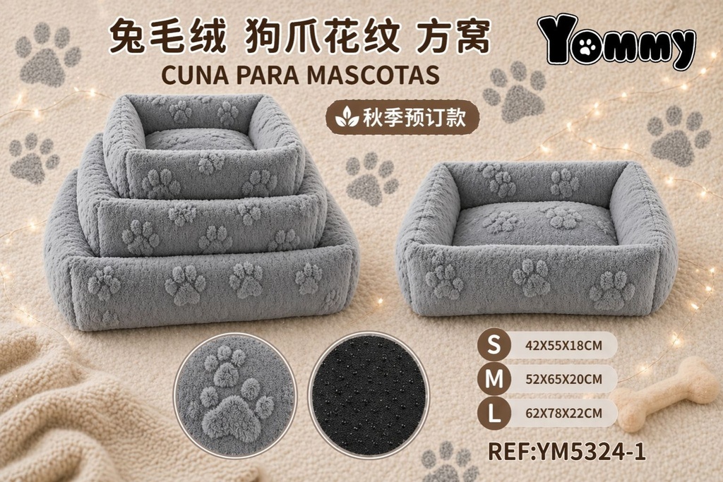 Cuna para perro de felpa gris con diseño de patas - Camas y refugios para mascotas