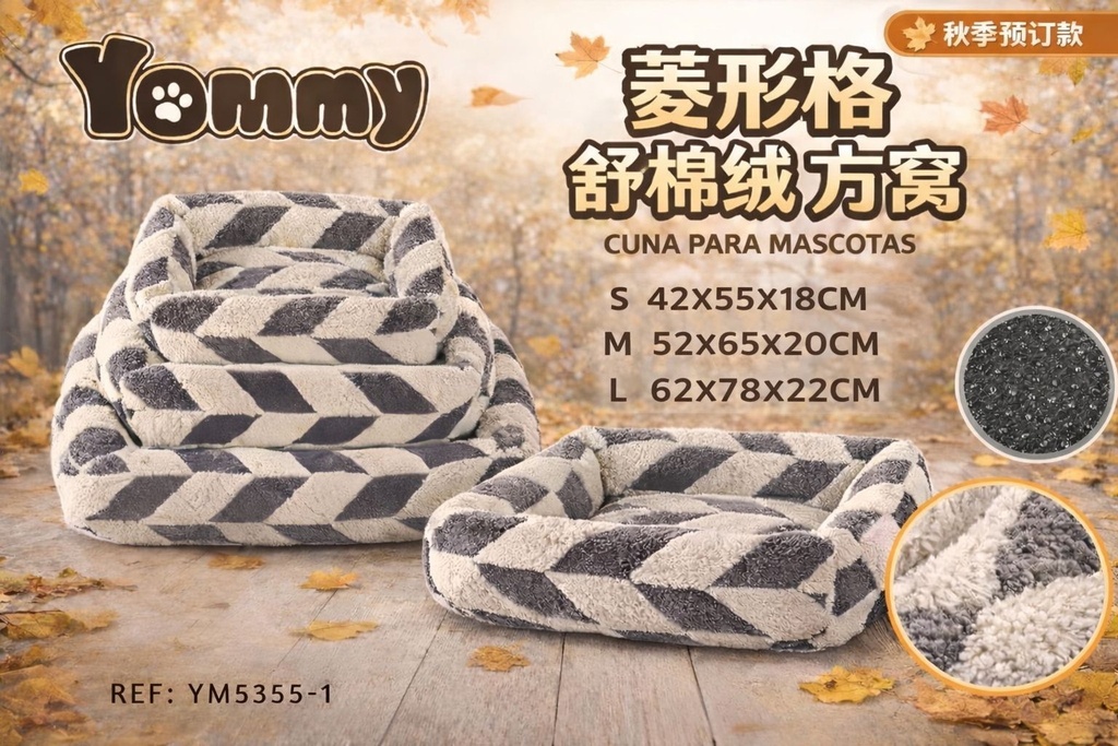 Cuna cuadrada de felpa en diseño de diamantes gris - Camas confortables para perros
