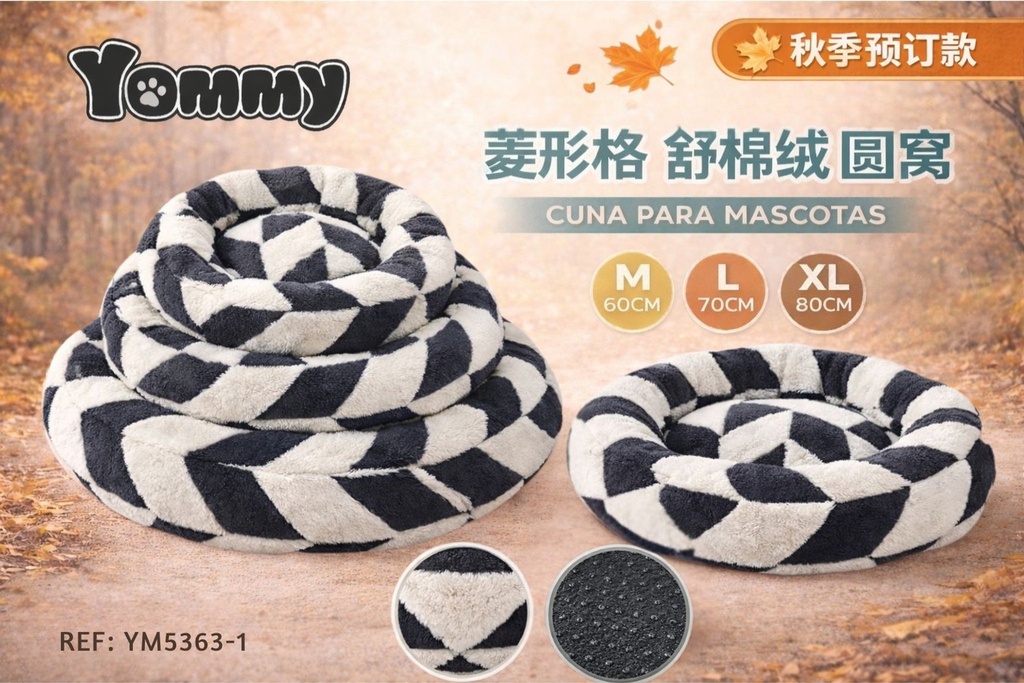 Cuna redonda de felpa en diseño de diamantes gris - Camas para perros acogedoras