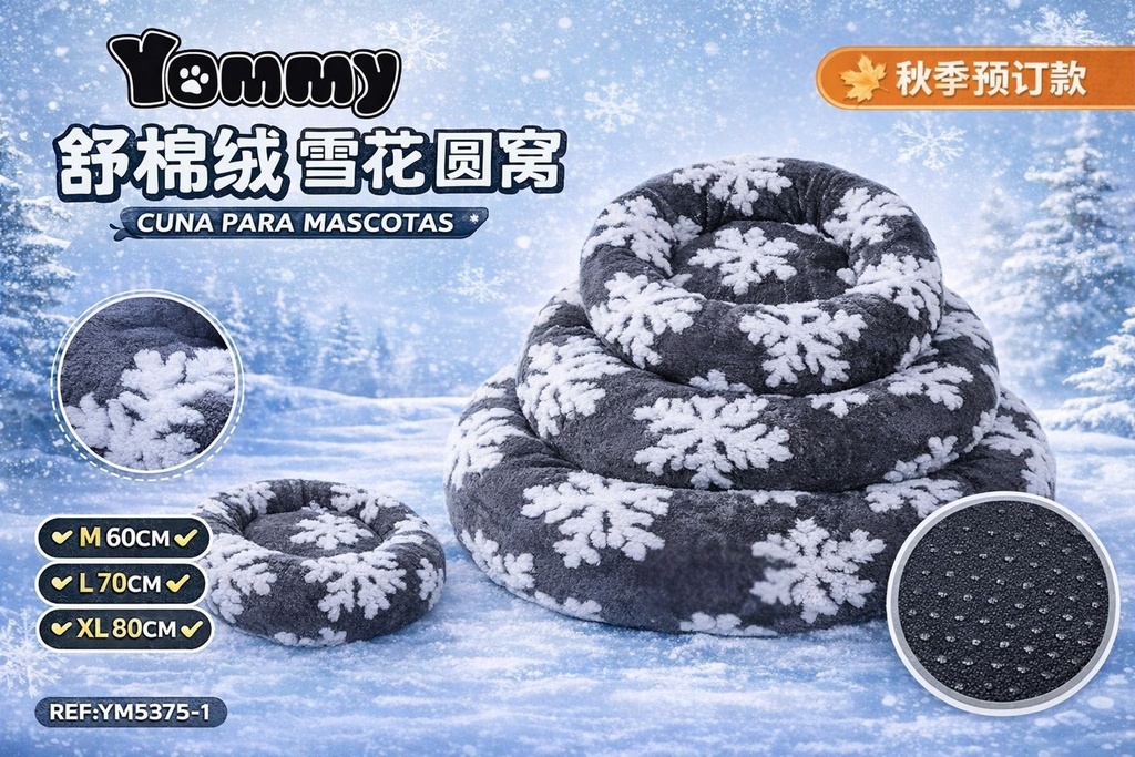 Cuna redonda de felpa con diseño de copos de nieve gris - Camas de mascotas confortables