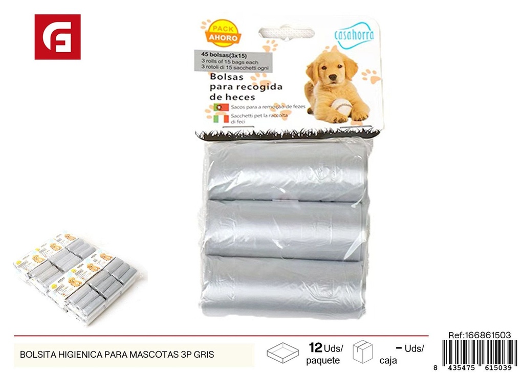 Bolsita higiénica para mascotas 3 rollos gris - Accesorios para mascotas
