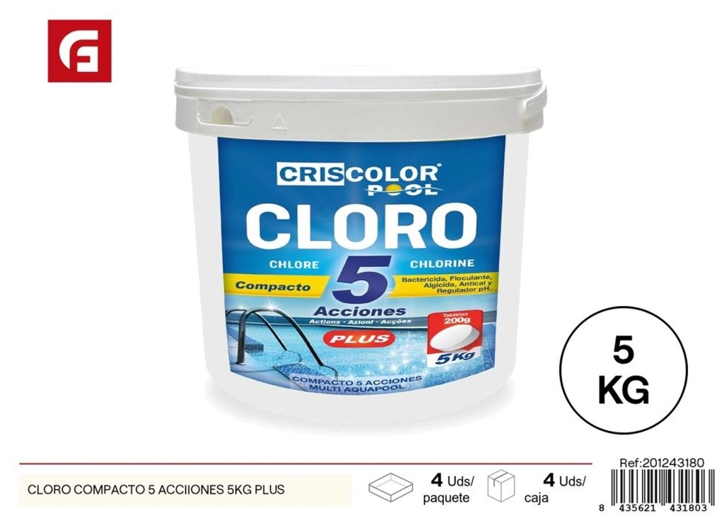 Cloro compacto de 5 acciones 5 kg - Productos de mantenimiento de piscina