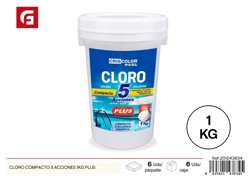Cloro compacto 5 acciones 1 kg - Productos especializados para piscina