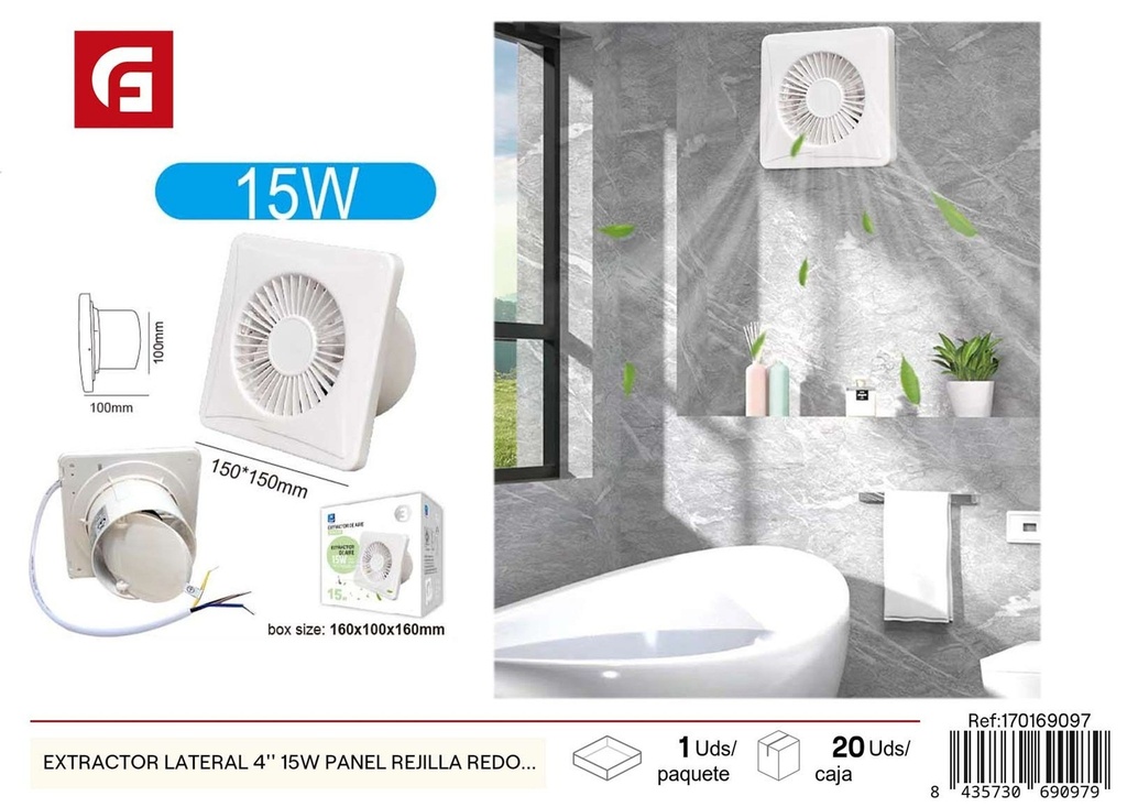 Extractor lateral 4´´ 15W panel rejilla redonda 150x150mm base D100mm - Ventiladores de cocina