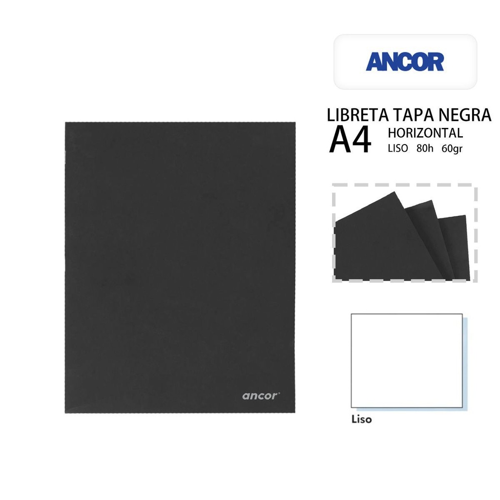 Libreta tapa negra A4 liso 80 páginas 60G para notas y apuntes