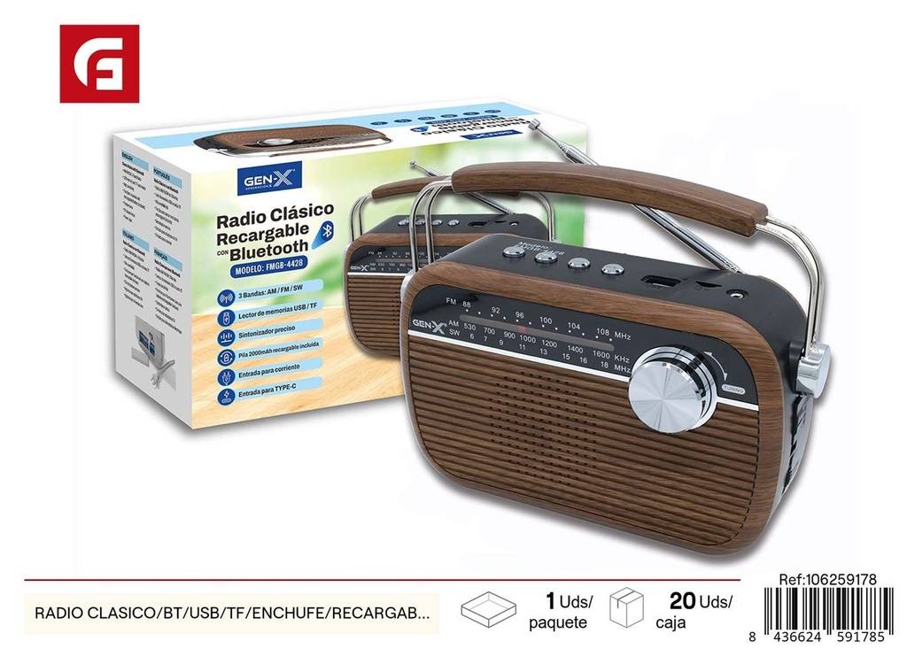 RADIO CLASICO Bluetooth/USB/TF/enchufe/recargable/pilas - Altavoces y radios clásicas